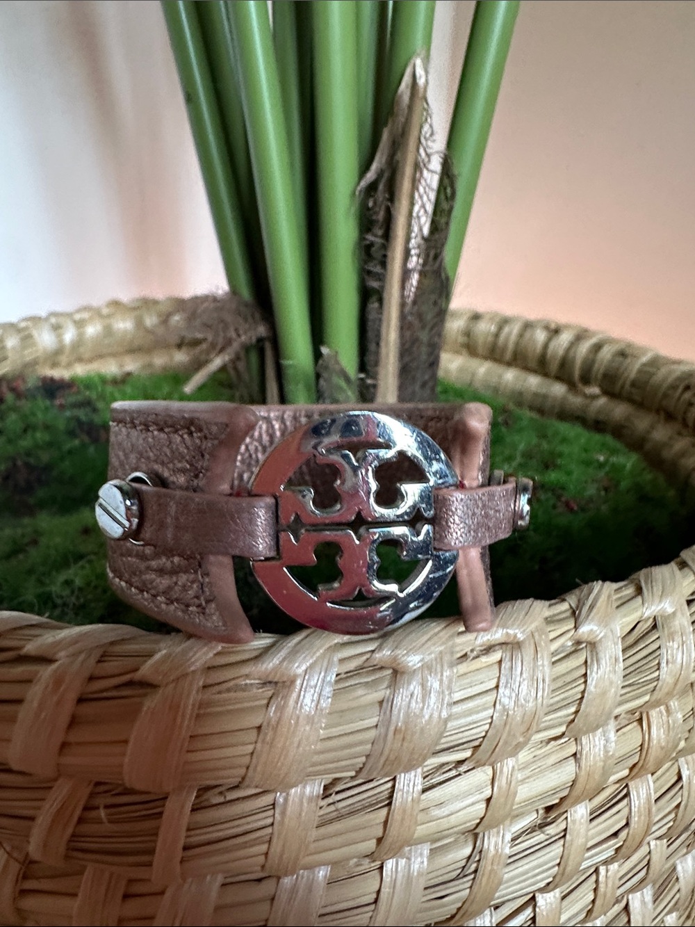 Tory Burch Metallic Rose Gold Leather Logo Cuff Bracelet